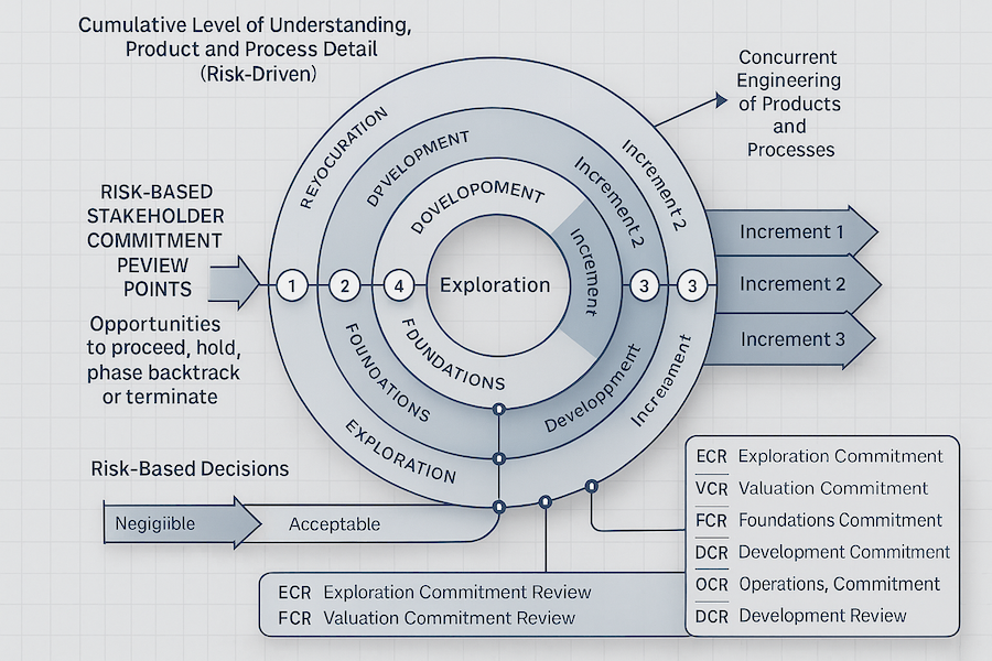 Visual representation of the ICSM life cycle with phases including Exploration, Valuation, Foundations, Development, and Operations in a layered spiral format